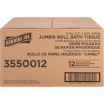 Full-front view of a Genuine Joe cardboard box labeled 'Jumbo Roll Bath Tissue' with product number and barcode