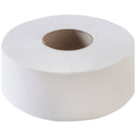 Top-down view of a single white jumbo toilet paper roll showing the core and textured paper surface