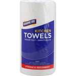 Front-facing Genuine Joe kitchen towel roll with prominent blue label reading 'Kitchen Towels' on white background