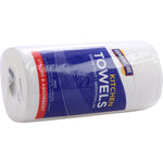 Genuine Joe kitchen towel roll on its side with visible blue label and clear plastic wrap