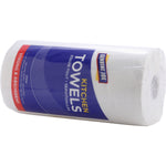 Wrapped Genuine Joe kitchen towel roll photographed on its side showing strong & absorbent label