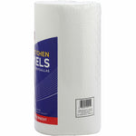 Close-up of a wrapped Genuine Joe kitchen towel roll standing upright showing partial blue label and barcode area on white towel.