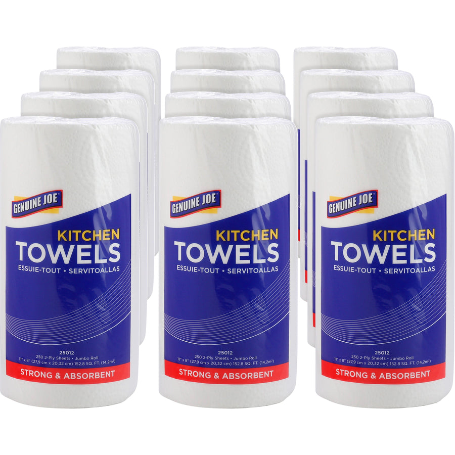 Twelve Genuine Joe kitchen towel rolls in clear packaging showing blue label panels, arranged in rows on white background.