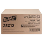 Cardboard shipping box for Genuine Joe kitchen towels printed with product name, item number 25012 and large numeric '12'.