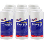 Three rows of Genuine Joe branded white kitchen towel rolls with blue labels, stacked on white background