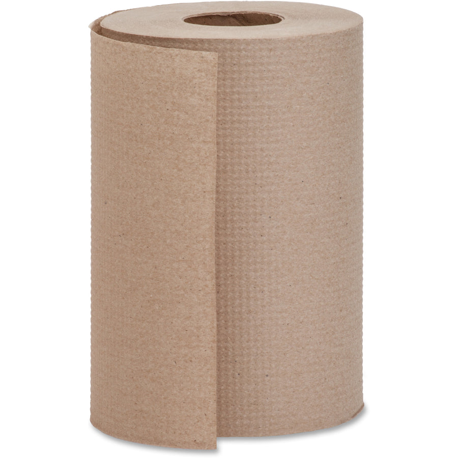 Genuine Joe natural kraft embossed hardwound roll towel showing textured brown paper and cardboard core.