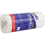 Wrapped Genuine Joe paper towel roll with visible branded blue label placed on a white background