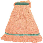 Genuine Joe medium mop head with narrow green band and peach-colored yarn strands