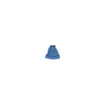 Small, centered blue microfiber mop head refill on a white background, showing looped strands and a stitched band