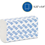 Genuine Joe multifold towel pack with repeated logo pattern and an icon showing approximate dimensions 9.25" x 9.4".