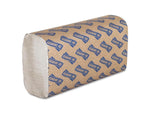 Single Genuine Joe multifold towel pack wrapped in brown kraft paper with repeated blue Genuine Joe logo pattern.