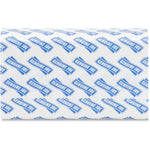 Close-up of a Genuine Joe branded multifold paper towel showing repeating blue Genuine Joe logo on white paper.