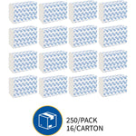 Array of sixteen Genuine Joe branded multifold towel packs arranged in a grid with a shipping icon and text indicating 250/pack 16/carton.