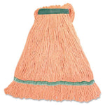 Genuine Joe narrow-band medium mop head showing peach cotton strands and green reinforcing band
