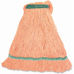 Genuine Joe narrow-band medium mop head with peach yarn and green stitched band