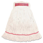 Single white cotton mop head with a narrow red stitched band near the top and a red reinforcement strip.