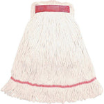 White cotton mop head with a narrow red band and red stitched reinforcement strip at the top on a white background.