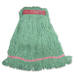 Genuine Joe narrow-band large mop head in green yarn showing stitched band and lower reinforcement seam