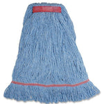 Genuine Joe narrow-band large mop head in light blue yarn with visible stitched reinforcement