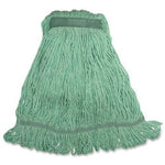 Genuine Joe narrow-band large mop head in mint green yarn with reinforced top and mid seam stitching
