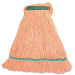 Genuine Joe narrow-band large mop head in peach-orange yarn with green stitched reinforcement band