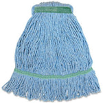 Genuine Joe narrow-band large mop head in sky blue yarn with green stitched midband and reinforced top
