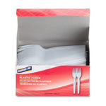 Open Genuine Joe red box showing a stacked supply of white plastic forks inside the dispenser-style packaging.