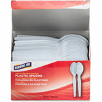 Open Genuine Joe box filled with stacked white disposable plastic spoons visible inside the packaging.