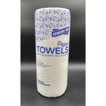 Single Genuine Joe paper towel roll in patterned plastic wrap with blue branding on a black background