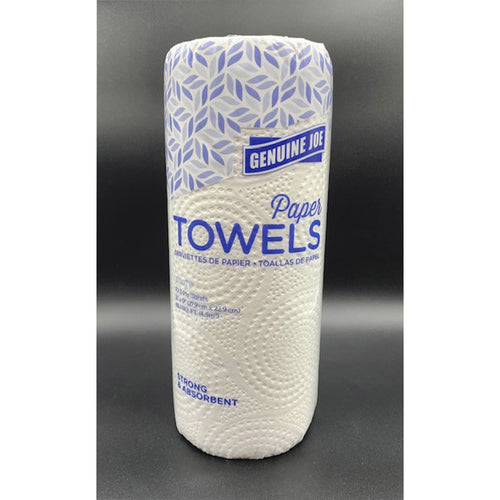 Single Genuine Joe paper towel roll in patterned plastic wrap with blue branding on a black background