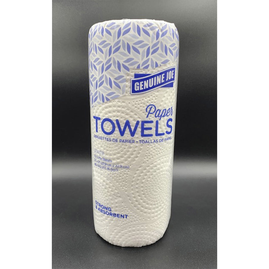 Single Genuine Joe paper towel roll in patterned plastic wrap with blue branding on a black background