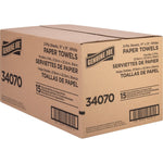 Angled view of a Genuine Joe cardboard case for paper towels showing branding, product text and barcode panels