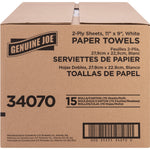 Genuine Joe cardboard carton labeled PAPER TOWELS with product code 34070 and roll/pack quantity printing