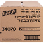 Genuine Joe paper towels cardboard box with logo, product description and large product code 34070 on brown corrugated box