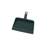 Genuine Joe black heavy-duty plastic dust pan shown flat with hanging hole in handle and serrated edge