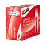 Angled view of a Genuine Joe red box for heavyweight plastic forks with branding and fork graphics on the packaging.