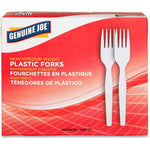 Front-facing Genuine Joe red and white box labeled 'Plastic Forks' with two white fork illustrations on the front.