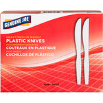 Front-facing Genuine Joe red box labeled “Plastic Knives” with two illustrated white serrated knives on the front