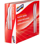 Three-quarter view of a red Genuine Joe box labeled “Plastic Knives” with two white serrated knife illustrations and side panel
