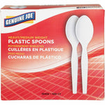 Front-facing Genuine Joe box labeled 'plastic spoons' with two spoon silhouettes and red wave design.