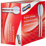 Red Genuine Joe retail box for heavy/medium weight plastic spoons showing brand and spoon graphics.