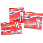 Assortment of Genuine Joe red boxes for plastic utensils including forks, spoons and knives displayed together.