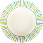 Top view of a Genuine Joe printed disposable paper bowl showing white center and colorful striped rim