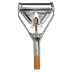 Close-up view of the Genuine Joe quick-change metal mop clamp and top of a wooden handle, showing the wing nut and spring arms.