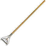Genuine Joe wooden quick-change mop handle shown full-length with metal clamp assembly at the head on a white background.