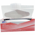 Genuine Joe 1-quart reclosable food storage box with a clear bag pulled out over the top and a corrugated insert visible inside the bag