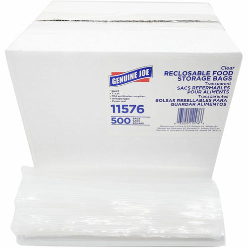 White Genuine Joe cardboard box labeled “11576” with 500 reclosable clear food storage bags and a stack of clear bags in front.
