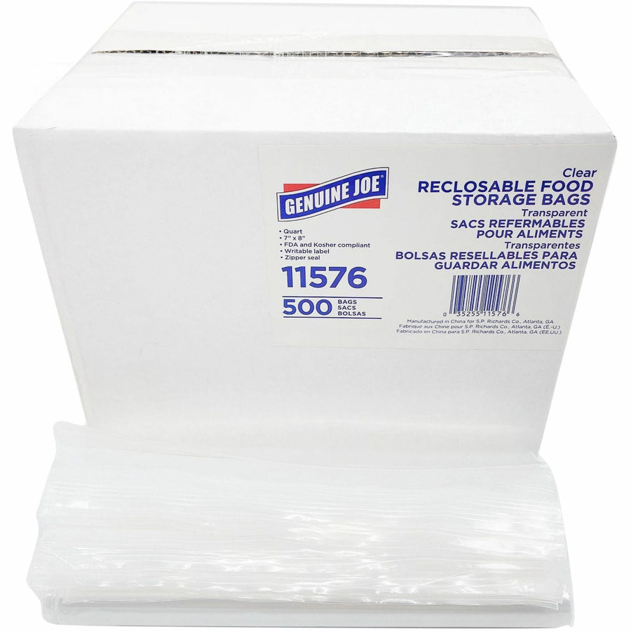 White Genuine Joe cardboard box labeled “11576” with 500 reclosable clear food storage bags and a stack of clear bags in front.