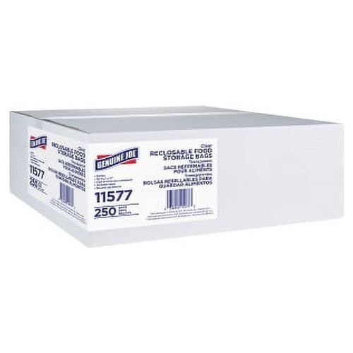 White rectangular shipping box with a Genuine Joe label reading reclosable food storage bags, item 11577, 250 bags