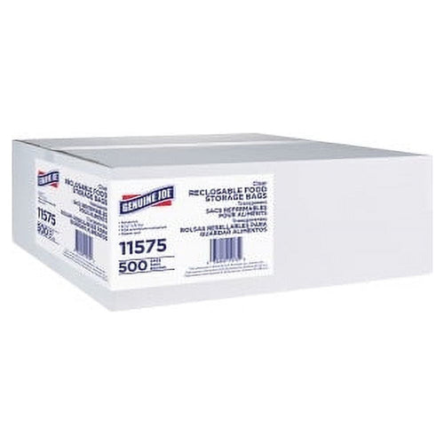 White rectangular bulk box of Genuine Joe reclosable food storage bags with product label and barcode